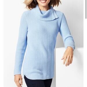 Talbots Sweater Size Large Petite Baby Blue Split Cowl Neck Rib Knit Preppy